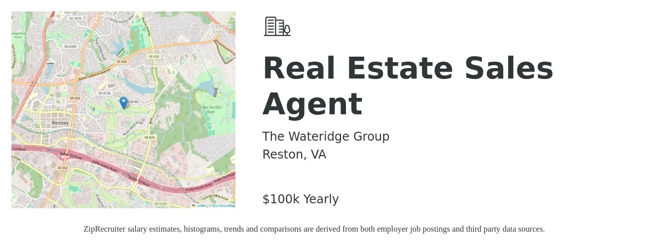 The Wateridge Group job posting for a Real Estate Sales Agent in Reston, VA with a salary of $100,000 Yearly with a map of Reston location.