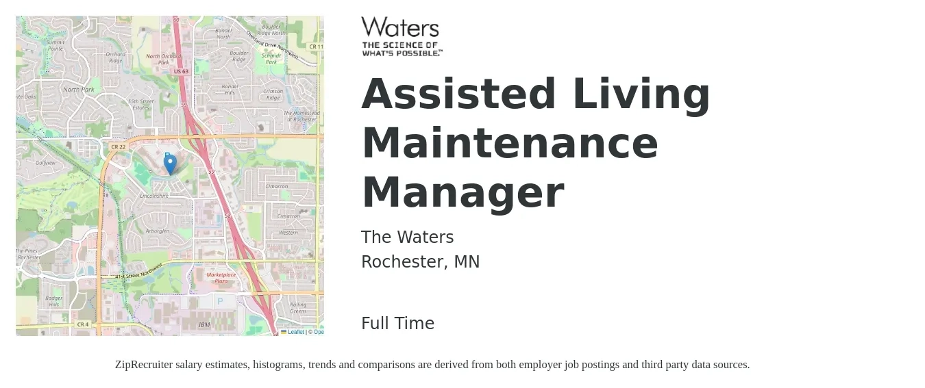 The Waters job posting for a Assisted Living Maintenance Manager in Rochester, MN with a salary of $22 to $36 Hourly with a map of Rochester location.