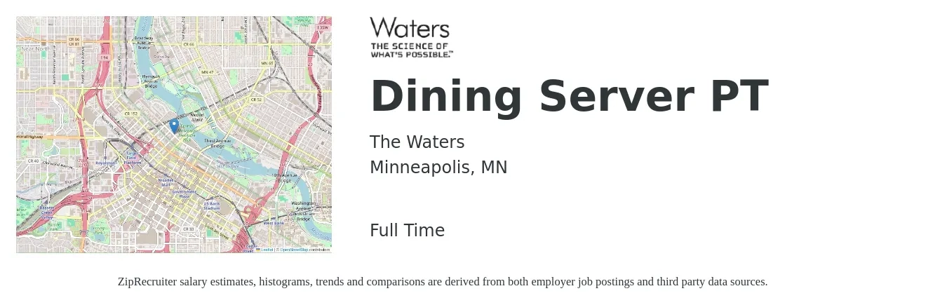 The Waters job posting for a Dining Server PT in Minneapolis, MN with a salary of $11 to $18 Hourly with a map of Minneapolis location.