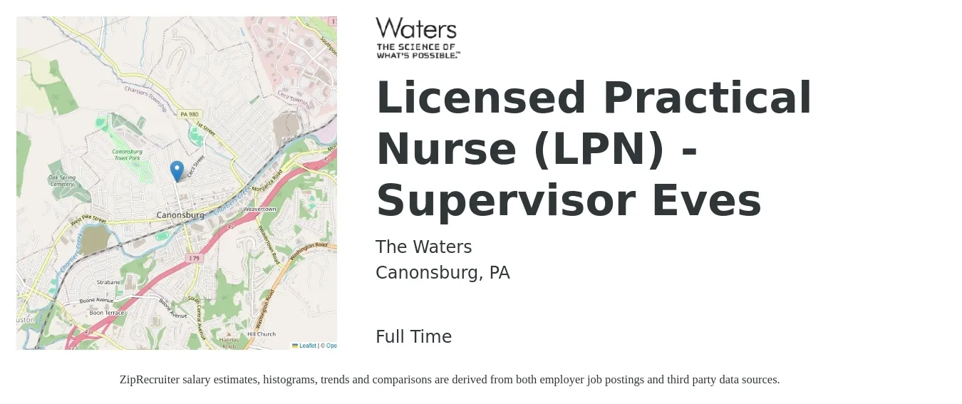 The Waters job posting for a Licensed Practical Nurse (LPN) - Supervisor Eves in Canonsburg, PA with a salary of $24 to $32 Hourly with a map of Canonsburg location.