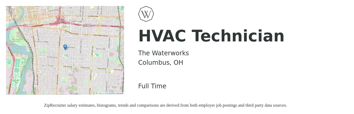 The Waterworks job posting for a HVAC Technician in Columbus, OH with a salary of $22 to $32 Hourly with a map of Columbus location.
