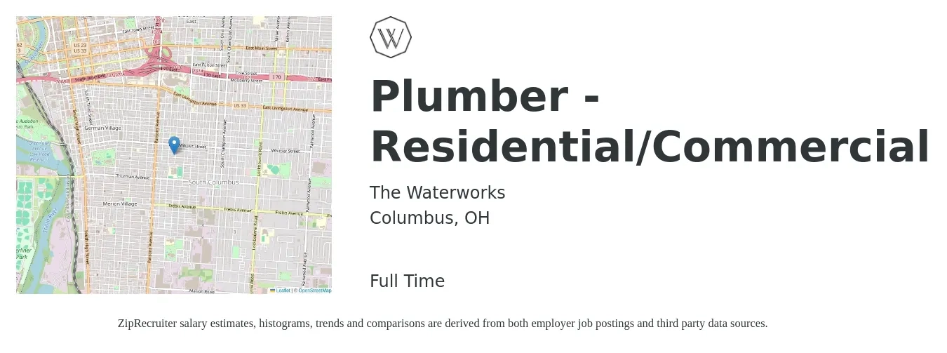 The Waterworks job posting for a Plumber - Residential/Commercial in Columbus, OH with a salary of $25 to $39 Hourly with a map of Columbus location.