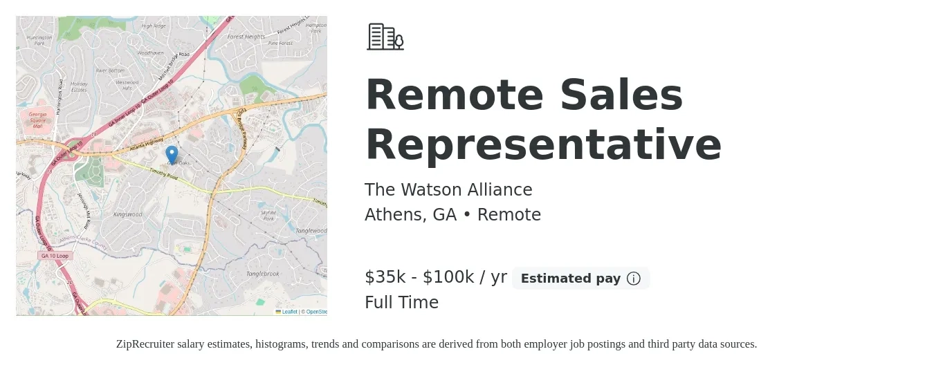 The Watson Alliance job posting for a Remote Sales Representative in Athens, GA with a salary of $35,000 to $100,000 Yearly with a map of Athens location.
