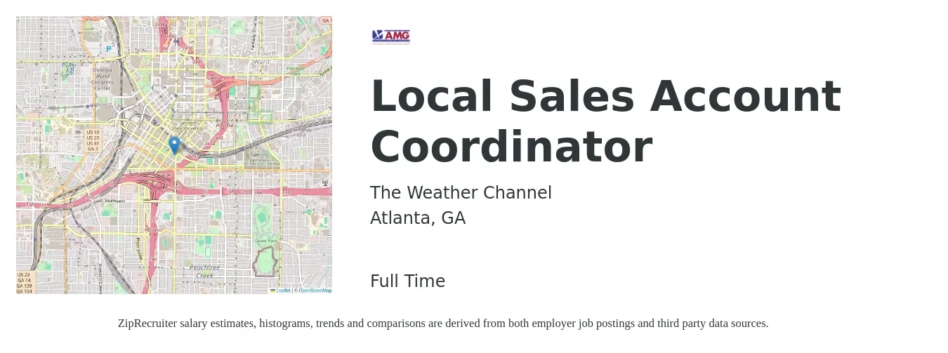 The Weather Channel job posting for a Local Sales Account Coordinator in Atlanta, GA with a salary of $38,900 to $60,600 Yearly with a map of Atlanta location.