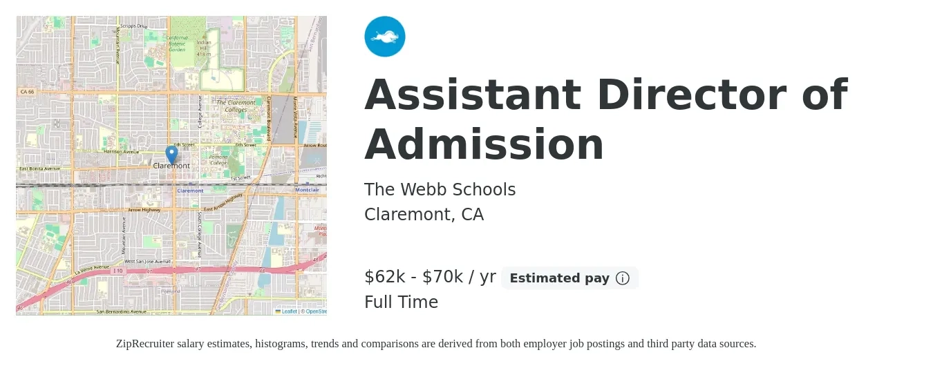 The Webb Schools job posting for a Assistant Director of Admission in Claremont, CA with a salary of $62,000 to $70,000 Yearly with a map of Claremont location.