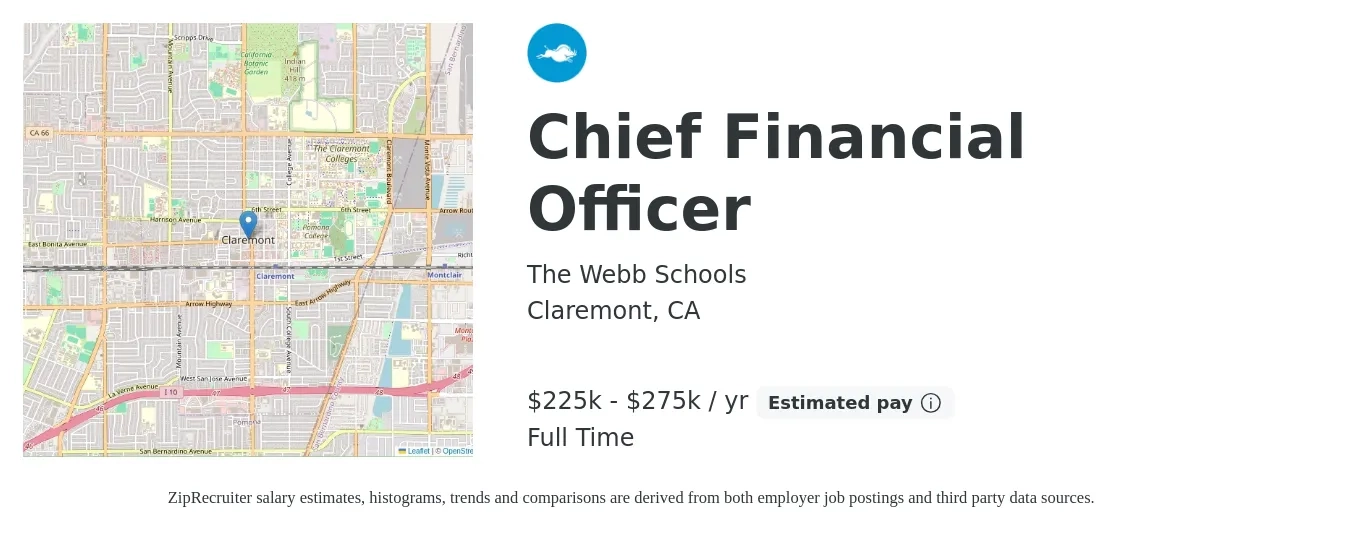 The Webb Schools job posting for a Chief Financial Officer in Claremont, CA with a salary of $225,000 to $275,000 Yearly with a map of Claremont location.