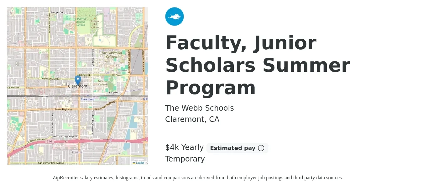 The Webb Schools job posting for a Faculty, Junior Scholars Summer Program in Claremont, CA with a salary of $4,200 to $4,725 Yearly with a map of Claremont location.