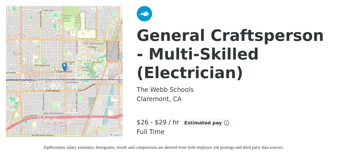 The Webb Schools job posting for a General Craftsperson - Multi-Skilled (Electrician) in Claremont, CA with a salary of $28 to $31 Hourly with a map of Claremont location.