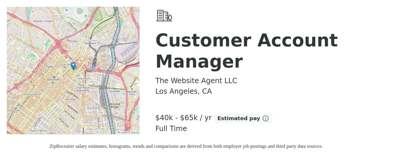 The Website Agent LLC job posting for a Customer Account Manager in Los Angeles, CA with a salary of $40,000 to $65,000 Yearly (plus commission) with a map of Los Angeles location.