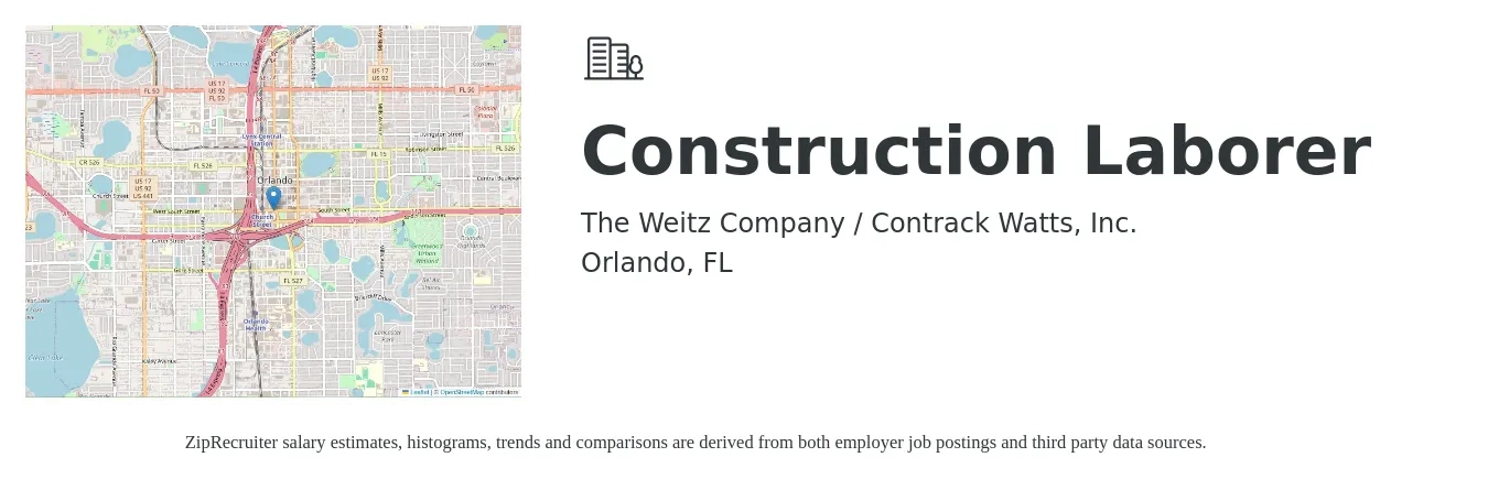 The Weitz Company / Contrack Watts, Inc. job posting for a Construction Laborer in Orlando, FL with a salary of $16 to $21 Hourly with a map of Orlando location.