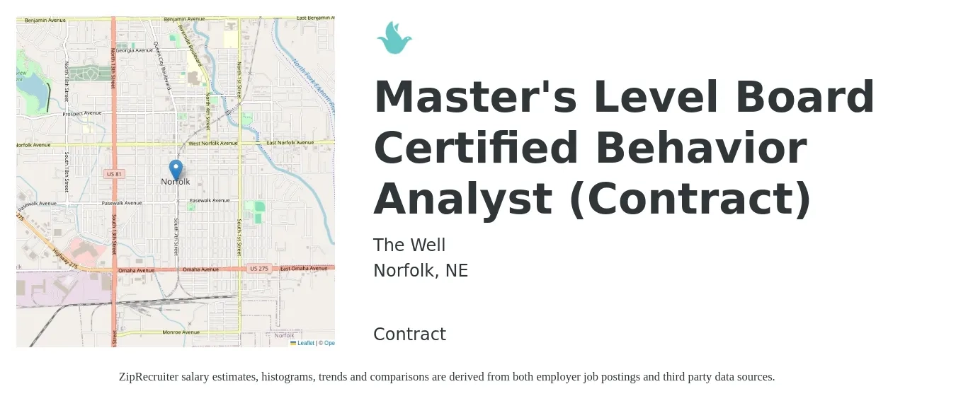 The Well job posting for a Master's Level Board Certified Behavior Analyst (Contract) in Norfolk, NE with a salary of $72,900 to $89,100 Yearly with a map of Norfolk location.