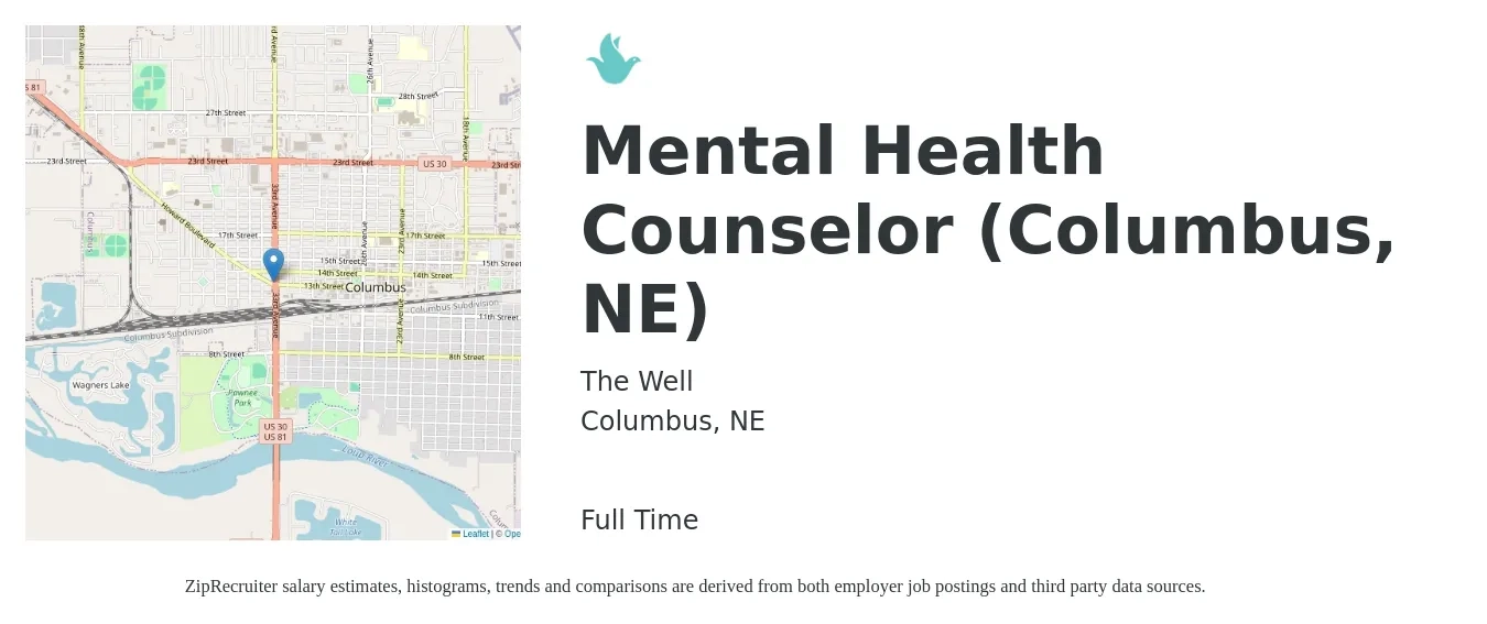 The Well job posting for a Mental Health Counselor (Columbus, NE) in Columbus, NE with a salary of $48,000 to $68,000 Yearly with a map of Columbus location.