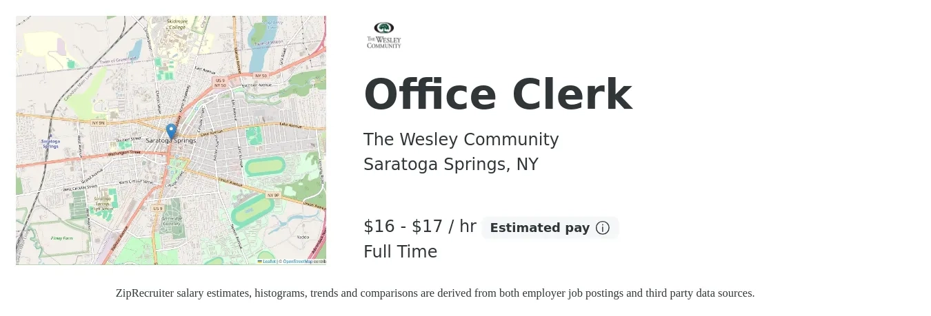 The Wesley Community job posting for a Office Clerk in Saratoga Springs, NY with a salary of $17 to $18 Hourly with a map of Saratoga Springs location.
