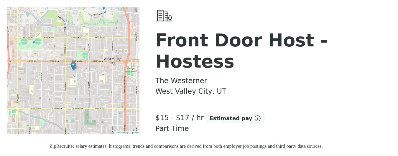 The Westerner job posting for a Front Door Host - Hostess in West Valley City, UT with a salary of $16 to $18 Hourly with a map of West Valley City location.