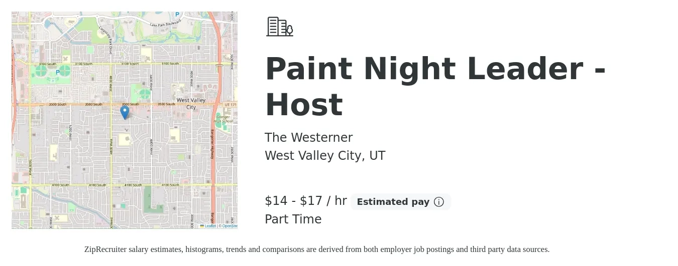 The Westerner job posting for a Paint Night Leader - Host in West Valley City, UT with a salary of $15 to $18 Hourly with a map of West Valley City location.