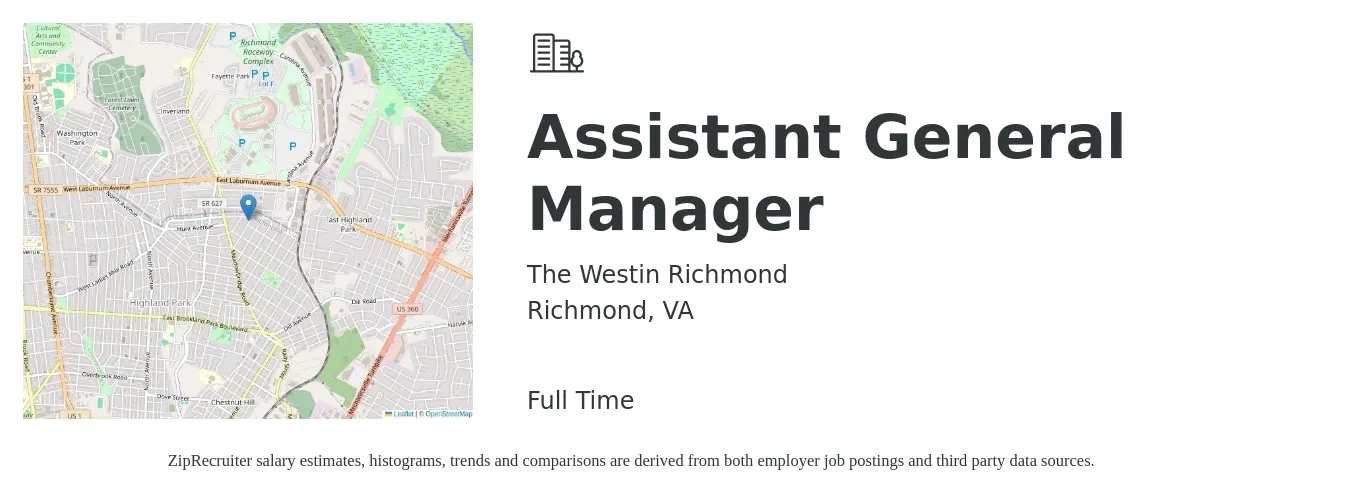 The Westin Richmond job posting for a Assistant General Manager in Richmond, VA with a salary of $16 to $25 Hourly with a map of Richmond location.