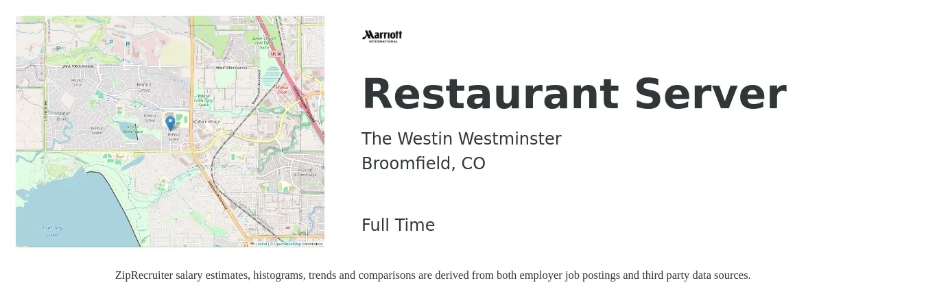 The Westin Westminster job posting for a Restaurant Server in Broomfield, CO with a salary of $10 to $16 Hourly with a map of Broomfield location.