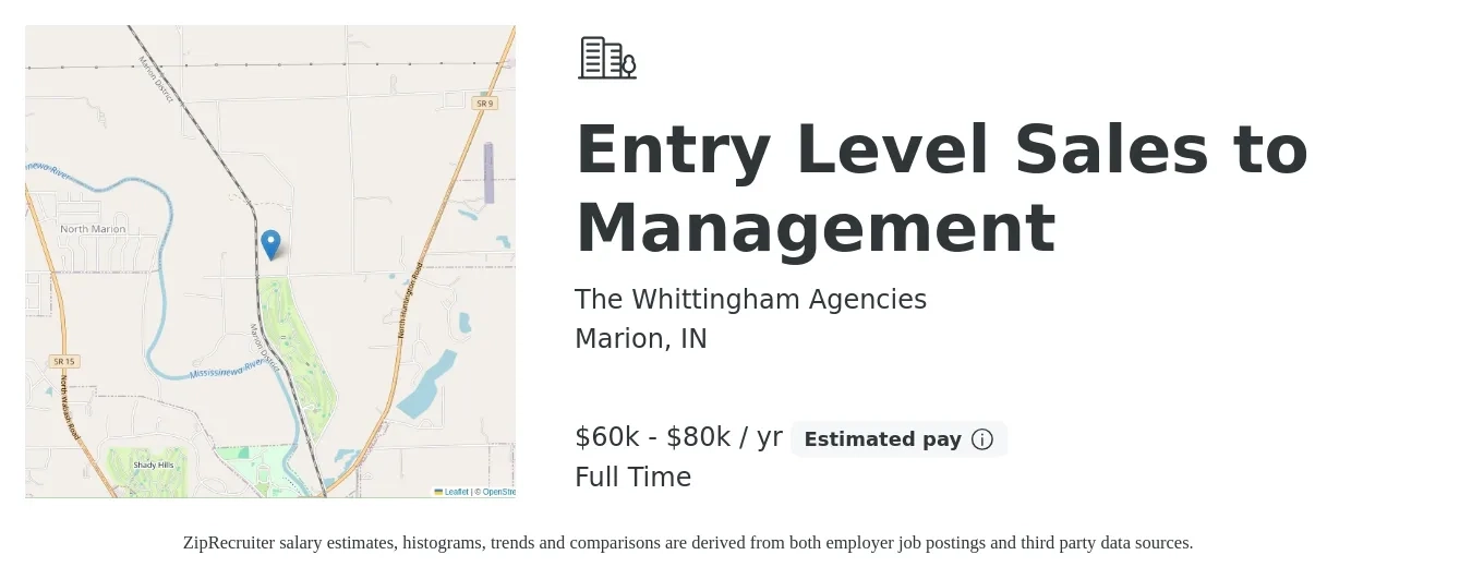 The Whittingham Agencies job posting for a Entry Level Sales to Management in Marion, IN with a salary of $60,000 to $80,000 Yearly with a map of Marion location.