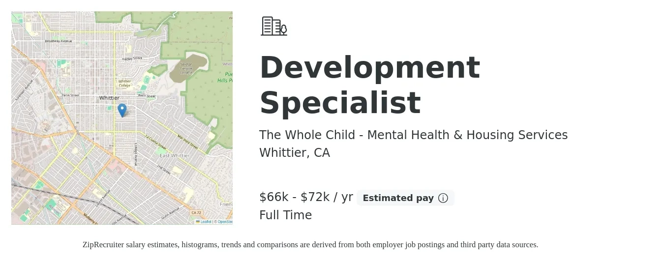 The Whole Child - Mental Health & Housing Services job posting for a Development Specialist in Whittier, CA with a salary of $66,000 to $72,000 Yearly with a map of Whittier location.