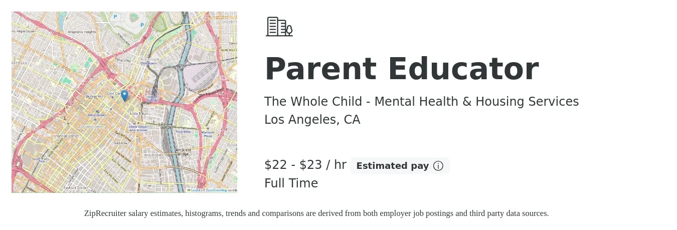 The Whole Child - Mental Health & Housing Services job posting for a Parent Educator in Los Angeles, CA with a salary of $24 to $24 Yearly with a map of Los Angeles location.