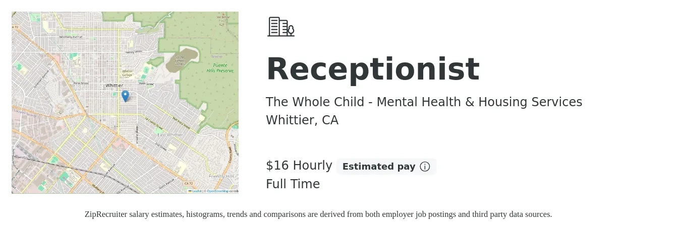 The Whole Child - Mental Health & Housing Services job posting for a Receptionist in Whittier, CA with a salary of $17 to $18 Hourly with a map of Whittier location.