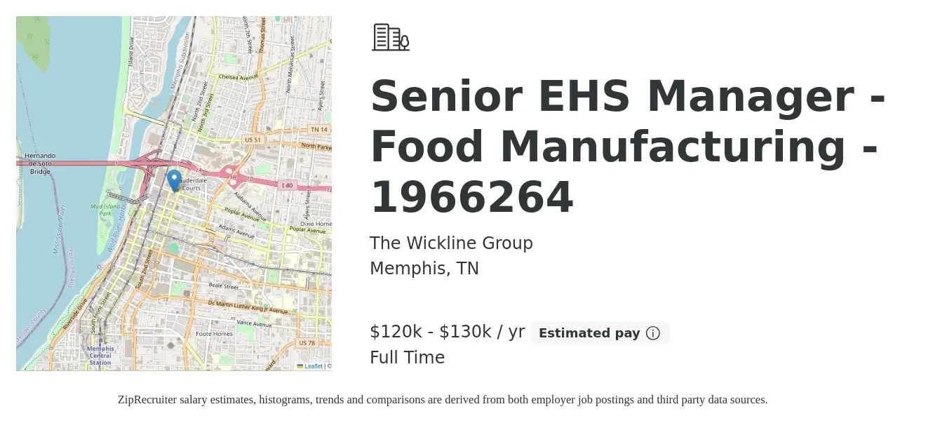 The Wickline Group job posting for a Senior EHS Manager - Food Manufacturing - 1966264 in Memphis, TN with a salary of $120,000 to $130,000 Yearly with a map of Memphis location.
