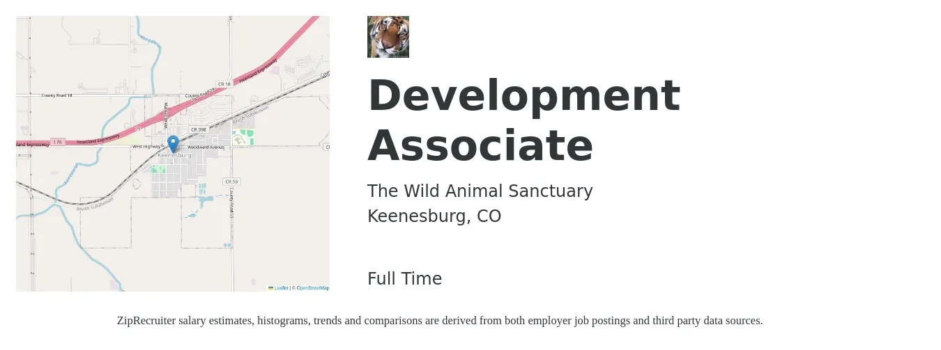 The Wild Animal Sanctuary job posting for a Development Associate in Keenesburg, CO with a salary of $50,000 to $65,000 Yearly with a map of Keenesburg location.