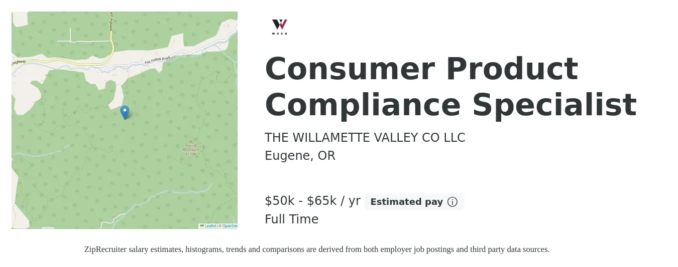 THE WILLAMETTE VALLEY CO LLC job posting for a Consumer Product Compliance Specialist in Eugene, OR with a salary of $50,000 to $65,000 Yearly with a map of Eugene location.