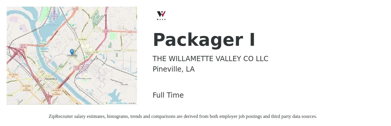 THE WILLAMETTE VALLEY CO LLC job posting for a Packager I in Pineville, LA with a salary of $14 to $16 Hourly with a map of Pineville location.