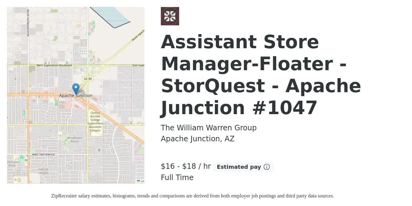 The William Warren Group job posting for a Assistant Store Manager-Floater - StorQuest - Apache Junction #1047 in Apache Junction, AZ with a salary of $17 to $19 Hourly with a map of Apache Junction location.