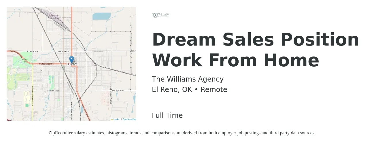 The Williams Agency job posting for a Dream Sales Position Work From Home in El Reno, OK with a salary of $75,000 Yearly with a map of El Reno location.