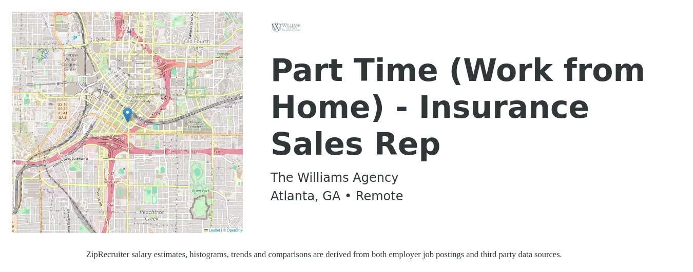 The Williams Agency job posting for a Part Time (Work from Home) - Insurance Sales Rep in Atlanta, GA with a salary of $15,000 Monthly with a map of Atlanta location.