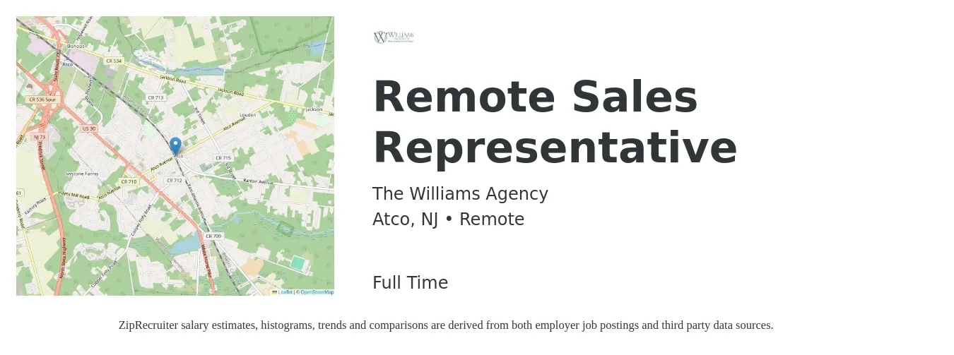 The Williams Agency job posting for a Remote Sales Representative in Atco, NJ with a salary of $75,000 Yearly with a map of Atco location.