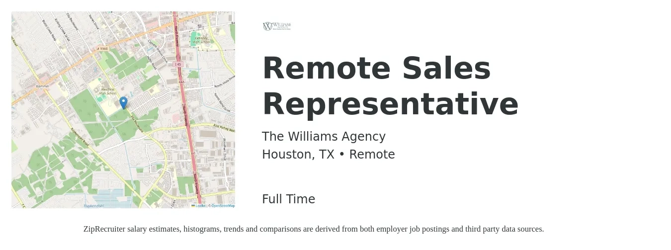 The Williams Agency job posting for a Remote Sales Representative in Houston, TX with a salary of $75,000 Yearly with a map of Houston location.