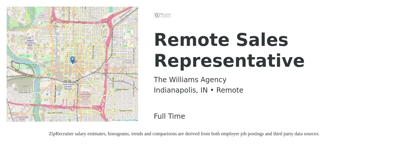 The Williams Agency job posting for a Remote Sales Representative in Indianapolis, IN with a salary of $75,000 Yearly with a map of Indianapolis location.
