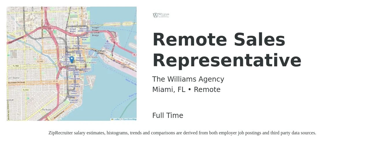 The Williams Agency job posting for a Remote Sales Representative in Miami, FL with a salary of $75,000 Yearly with a map of Miami location.