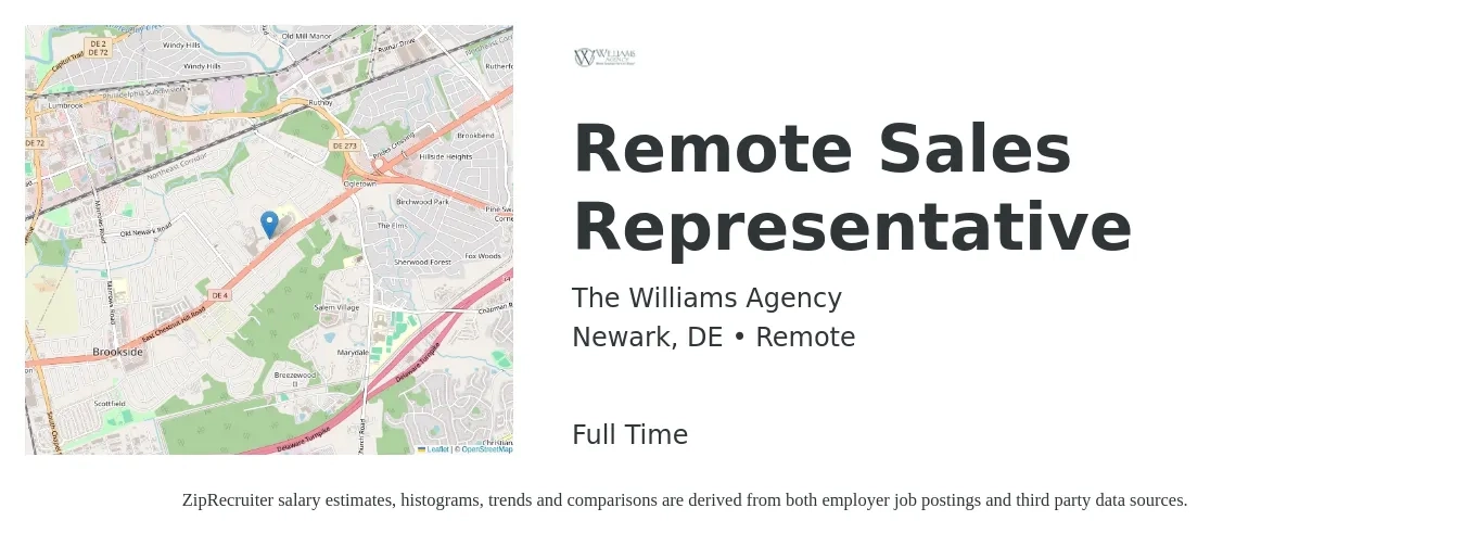 The Williams Agency job posting for a Remote Sales Representative in Newark, DE with a salary of $75,000 Yearly with a map of Newark location.
