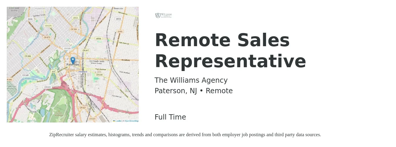 The Williams Agency job posting for a Remote Sales Representative in Paterson, NJ with a salary of $75,000 Yearly with a map of Paterson location.