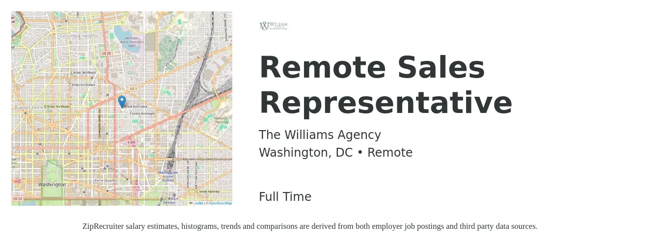 The Williams Agency job posting for a Remote Sales Representative in Washington, DC with a salary of $75,000 Yearly with a map of Washington location.