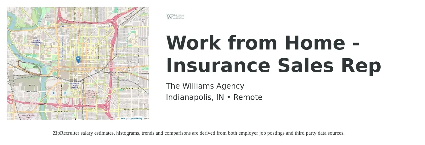 The Williams Agency job posting for a Work from Home - Insurance Sales Rep in Indianapolis, IN with a salary of $15,000 Monthly with a map of Indianapolis location.