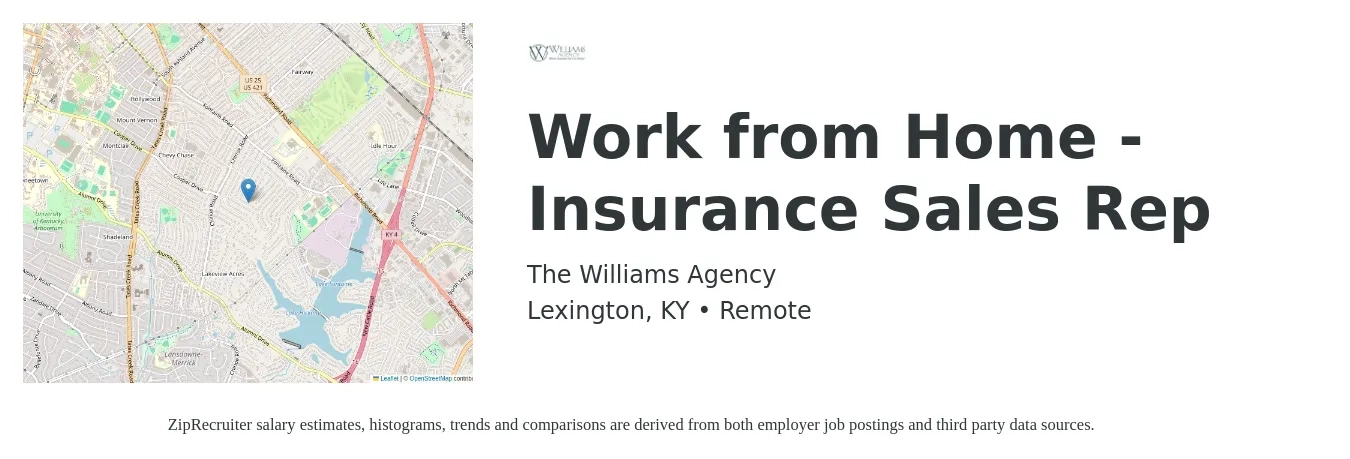The Williams Agency job posting for a Work from Home - Insurance Sales Rep in Lexington, KY with a salary of $15,000 Monthly with a map of Lexington location.