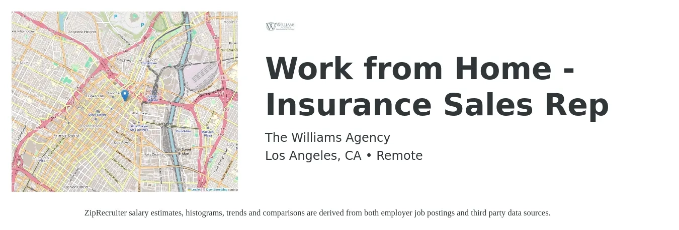 The Williams Agency job posting for a Work from Home - Insurance Sales Rep in Los Angeles, CA with a salary of $2,000 Monthly with a map of Los Angeles location.