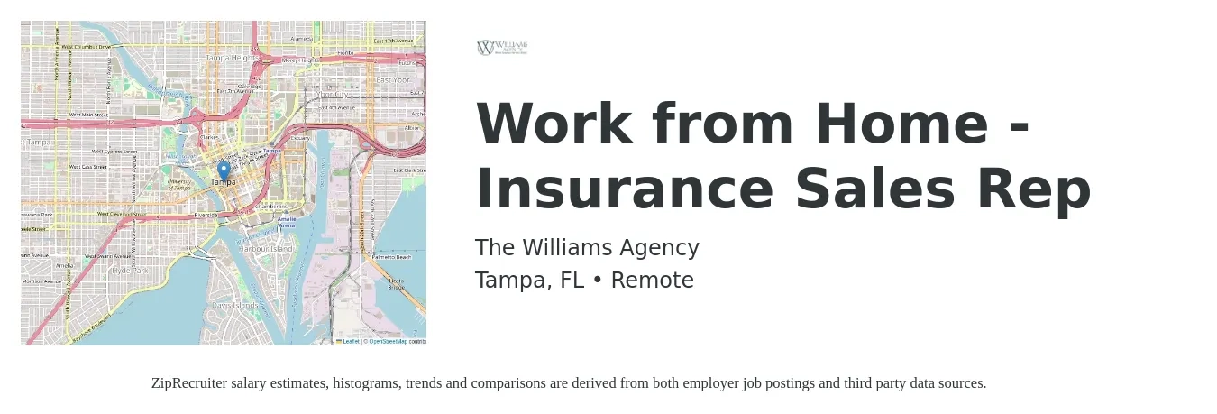 The Williams Agency job posting for a Work from Home - Insurance Sales Rep in Tampa, FL with a salary of $15,000 Monthly with a map of Tampa location.