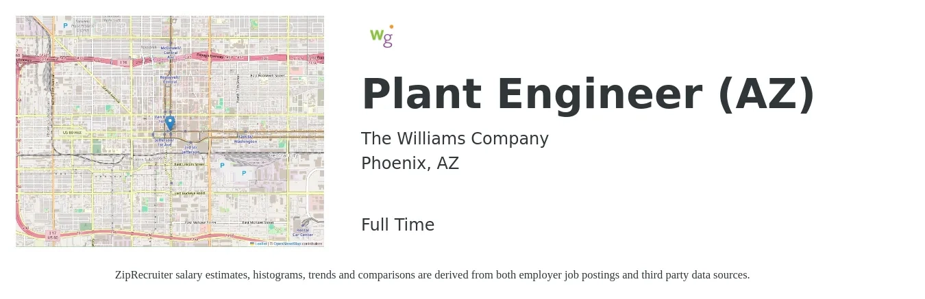 The Williams Company job posting for a Plant Engineer (AZ) in Phoenix, AZ with a salary of $77,900 to $119,100 Yearly with a map of Phoenix location.