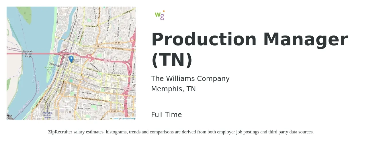The Williams Company job posting for a Production Manager (TN) in Memphis, TN with a salary of $54,400 to $78,200 Yearly with a map of Memphis location.