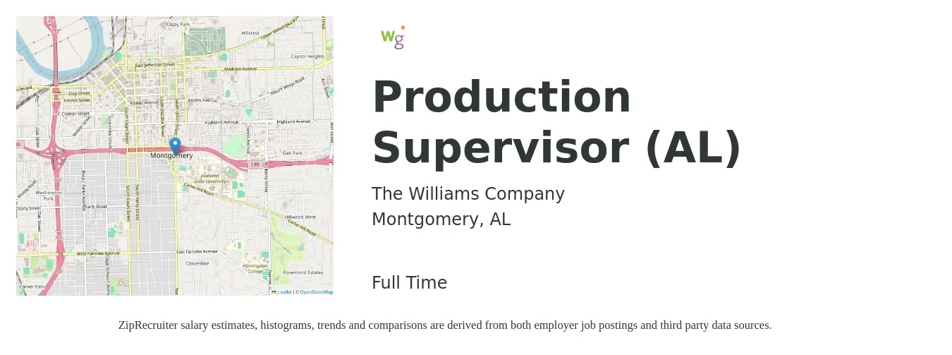 The Williams Company job posting for a Production Supervisor (AL) in Montgomery, AL with a salary of $55,400 to $79,600 Yearly with a map of Montgomery location.