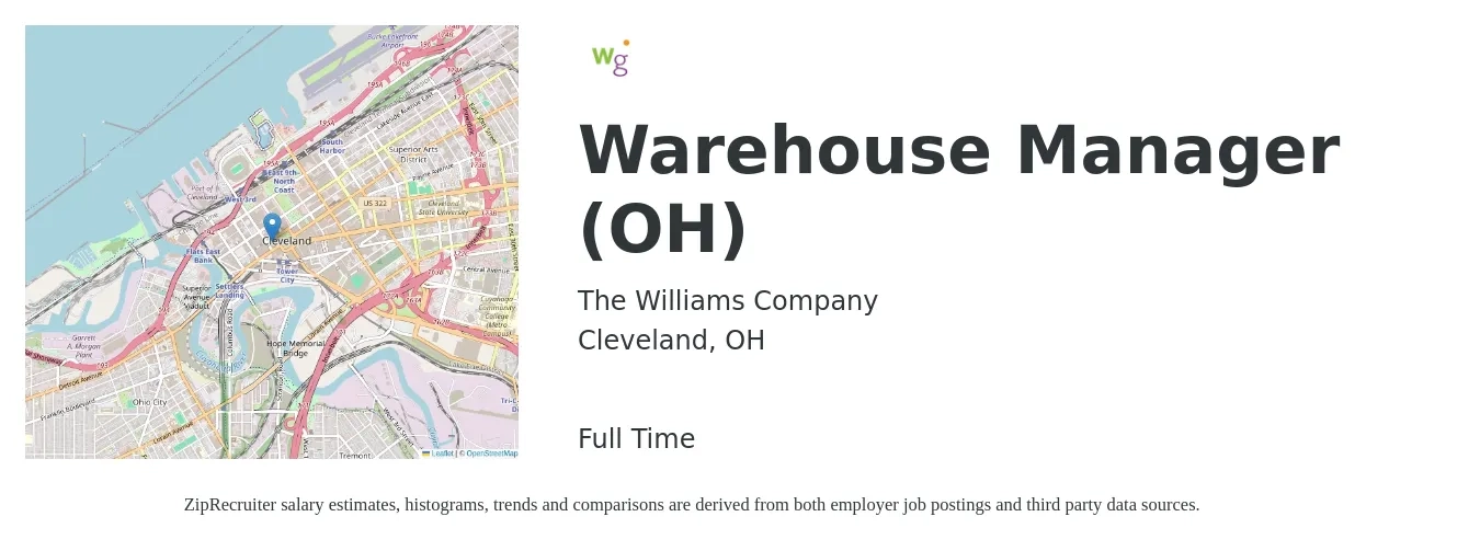The Williams Company job posting for a Warehouse Manager (OH) in Cleveland, OH with a salary of $45,100 to $64,000 Yearly with a map of Cleveland location.