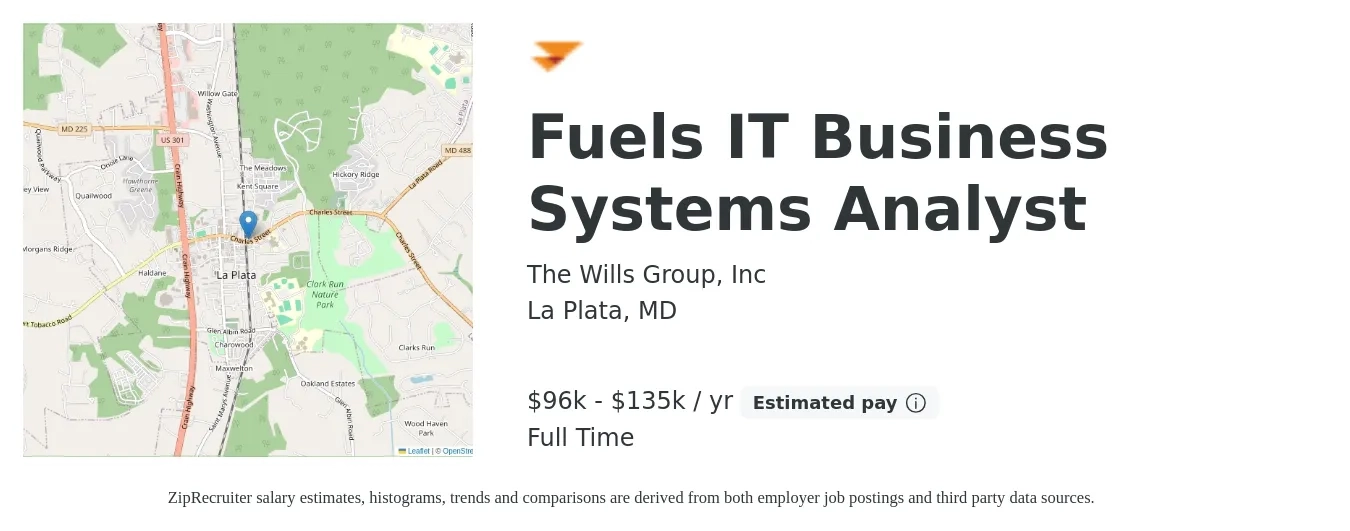 The Wills Group, Inc job posting for a Fuels IT Business Systems Analyst in La Plata, MD with a salary of $96,800 to $135,000 Yearly with a map of La Plata location.