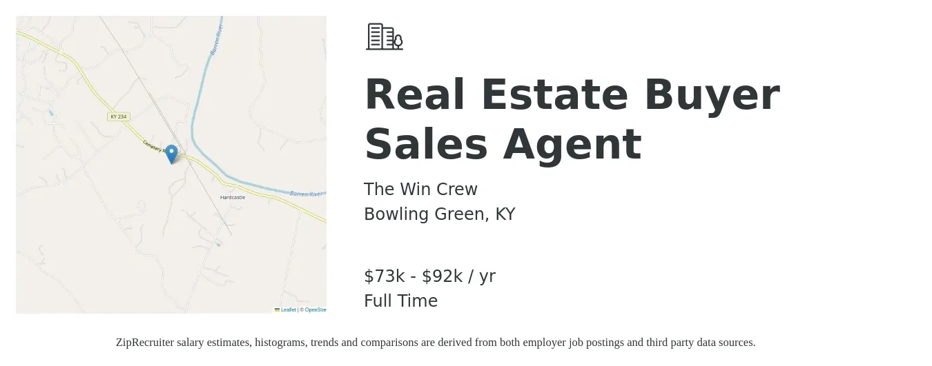 The Win Crew job posting for a Real Estate Buyer Sales Agent in Bowling Green, KY with a salary of $73,500 to $92,000 Yearly with a map of Bowling Green location.