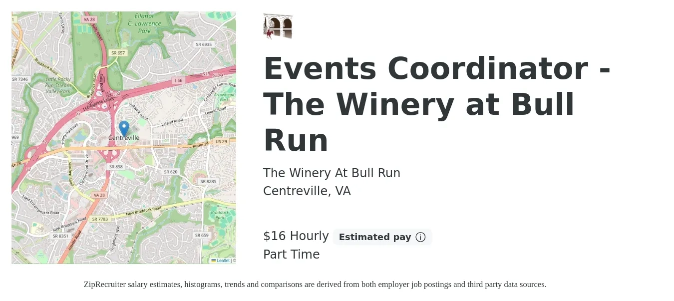 The Winery At Bull Run job posting for a Events Coordinator - The Winery at Bull Run in Centreville, VA with a salary of $17 Hourly with a map of Centreville location.